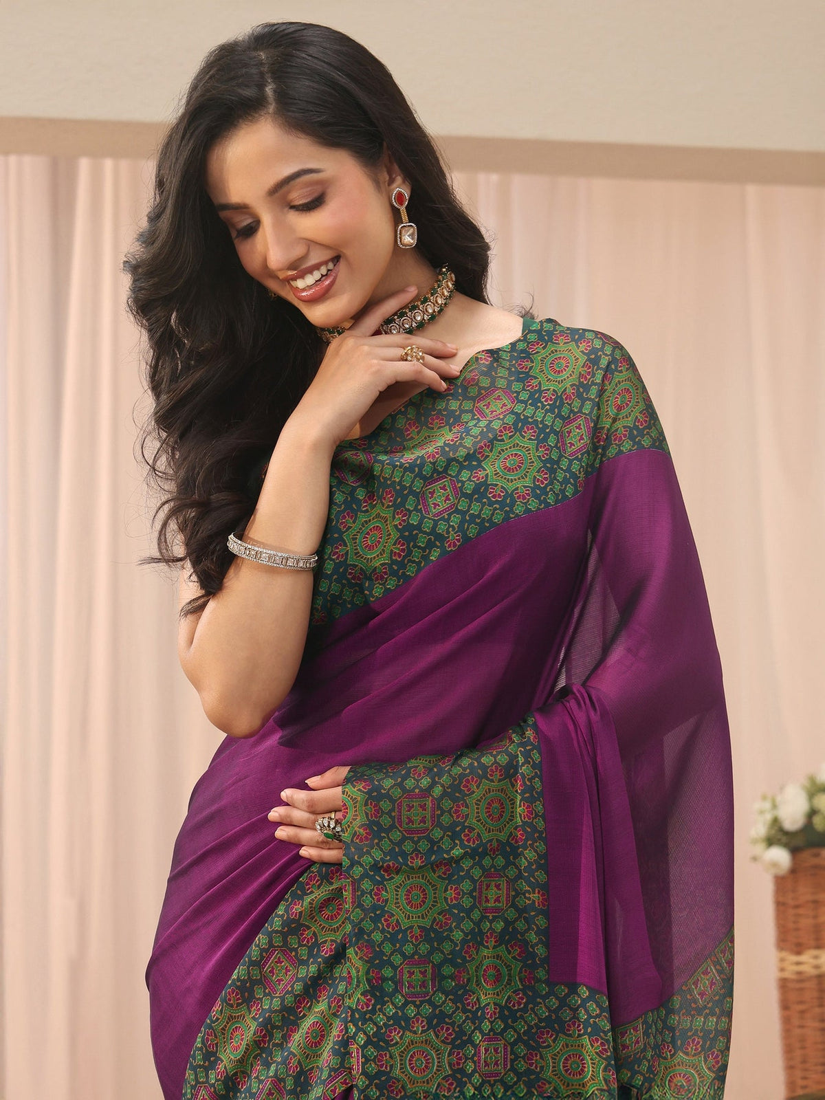 Libas Burgundy Chiffon Saree with Printed Border S45