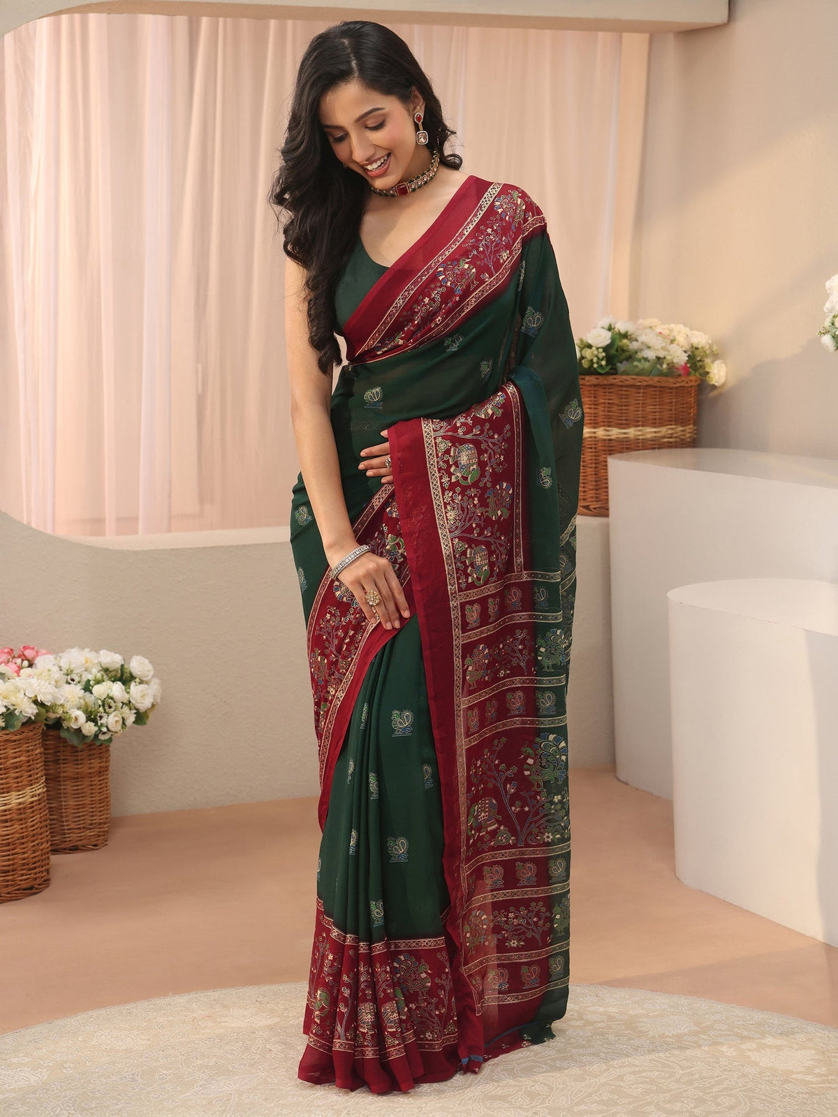 Libas Green Ethnic Printed Georgette Saree S45