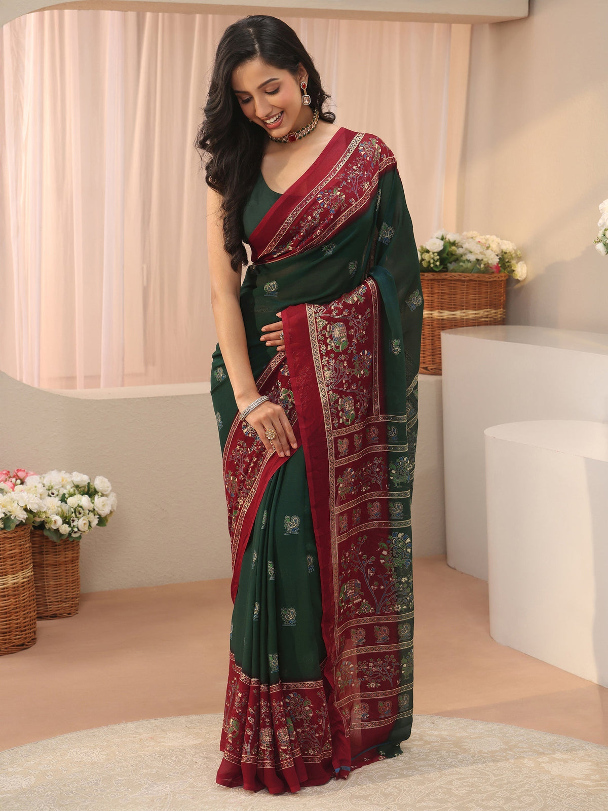 Libas Green Ethnic Printed Georgette Saree