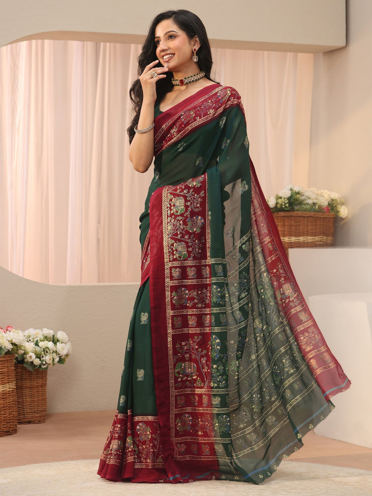 Libas Green Ethnic Printed Georgette Saree S45