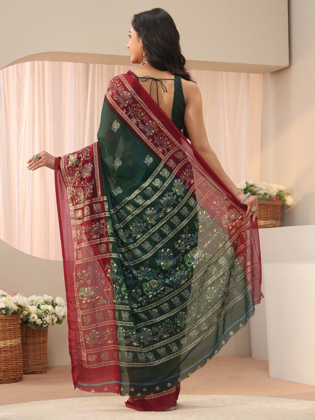 Libas Green Ethnic Printed Georgette Saree S45