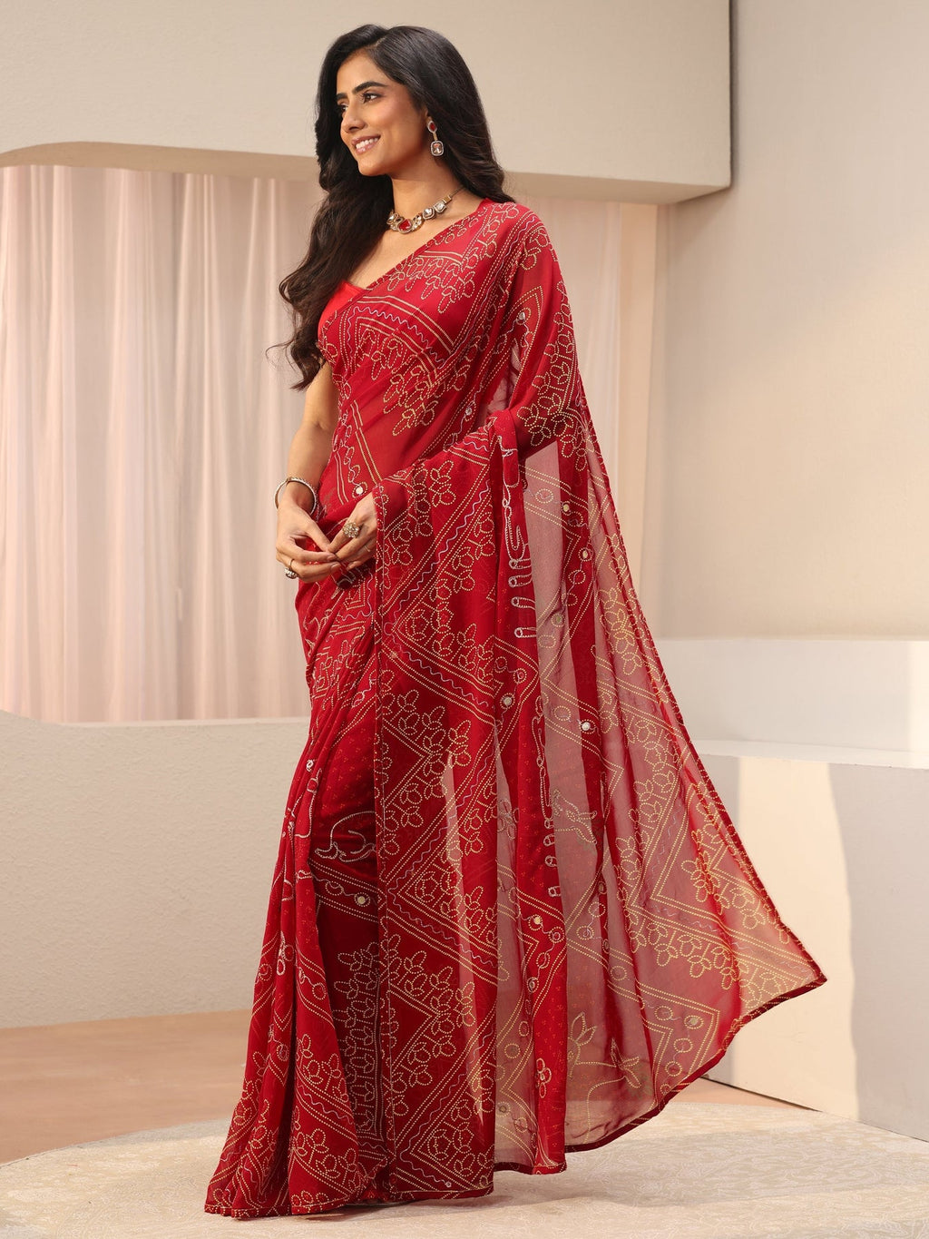 Libas Red Bandhani Printed Georgette Saree S45