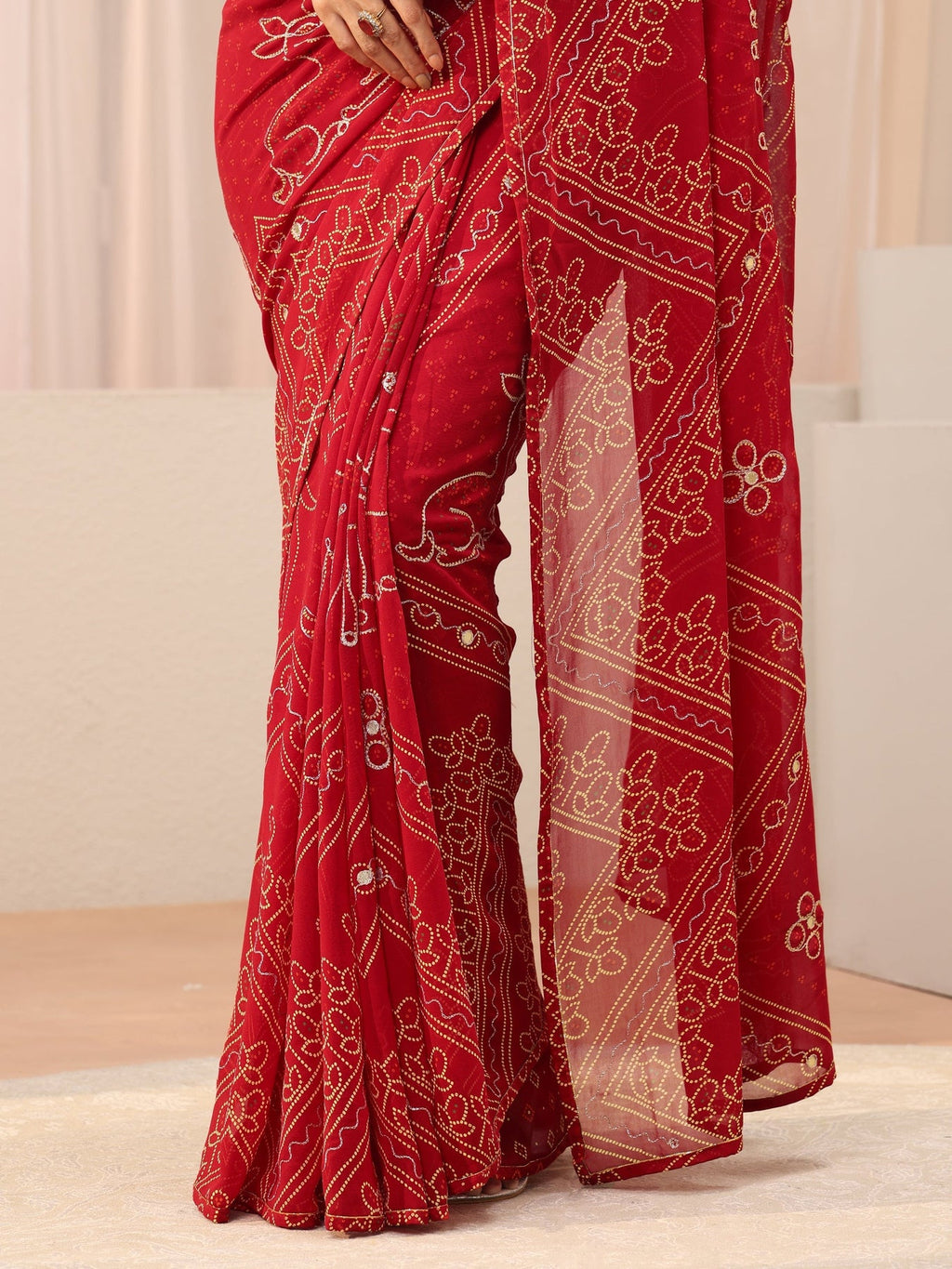 Libas Red Bandhani Printed Georgette Saree S45