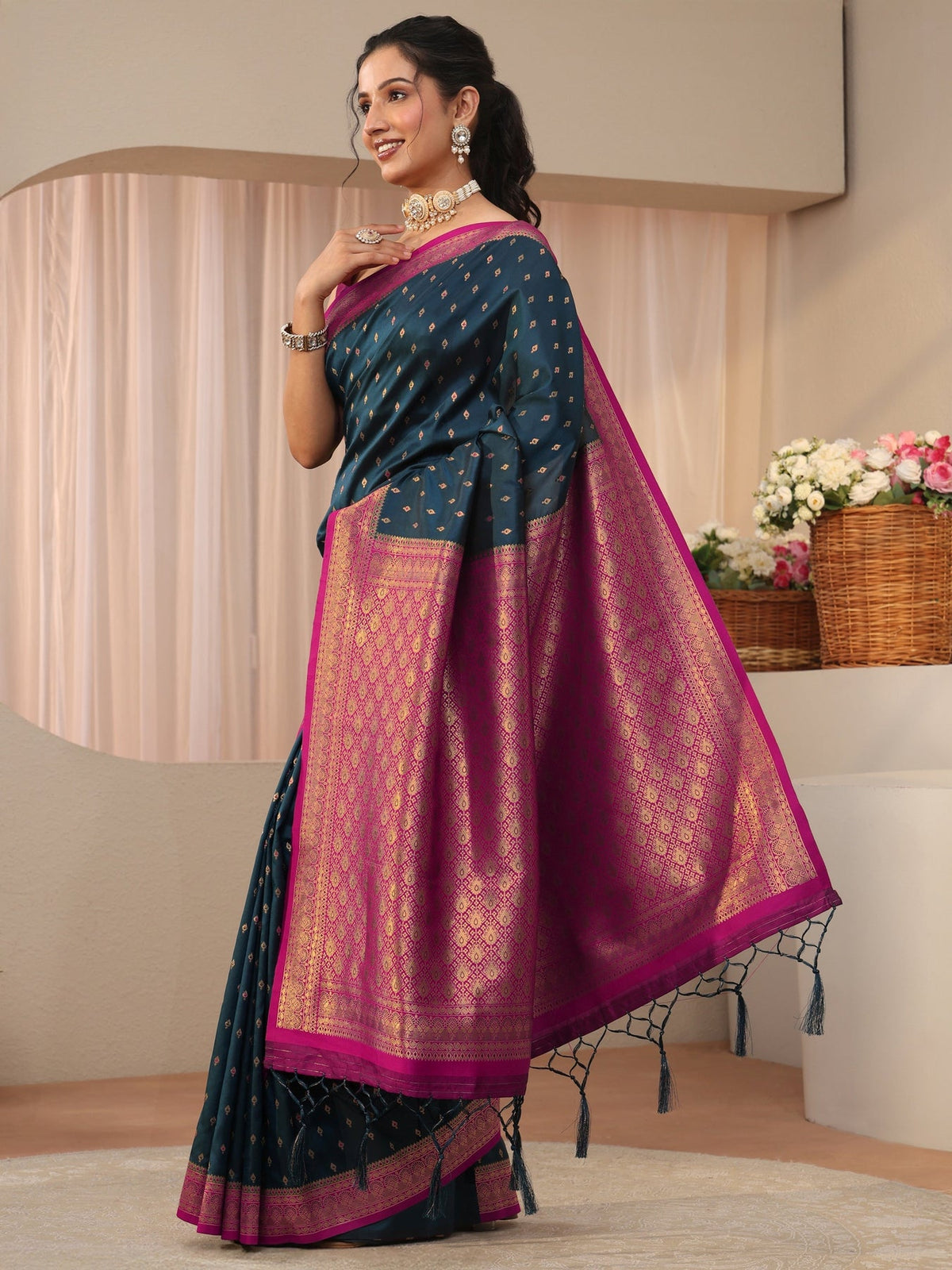 Libas Navy Blue Kanjeevaram Silk Blend Saree S45