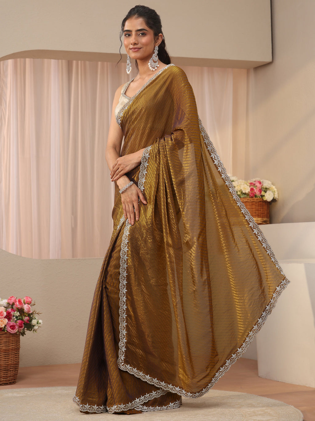 Libas Green Leheriya Printed Tissue Saree