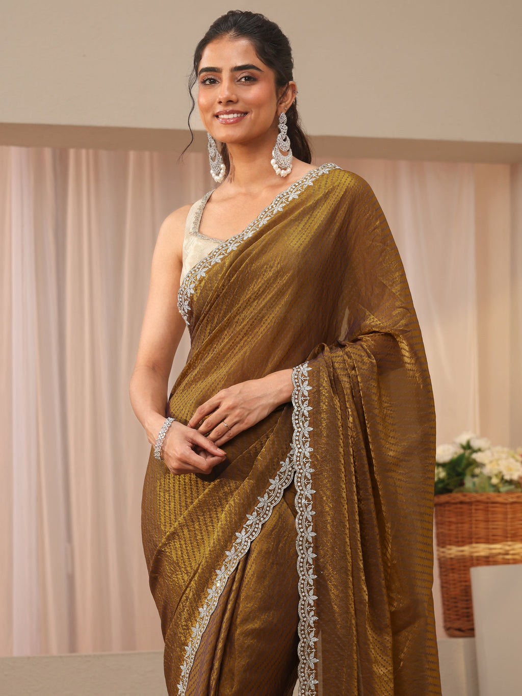 Libas Green Leheriya Printed Tissue Saree