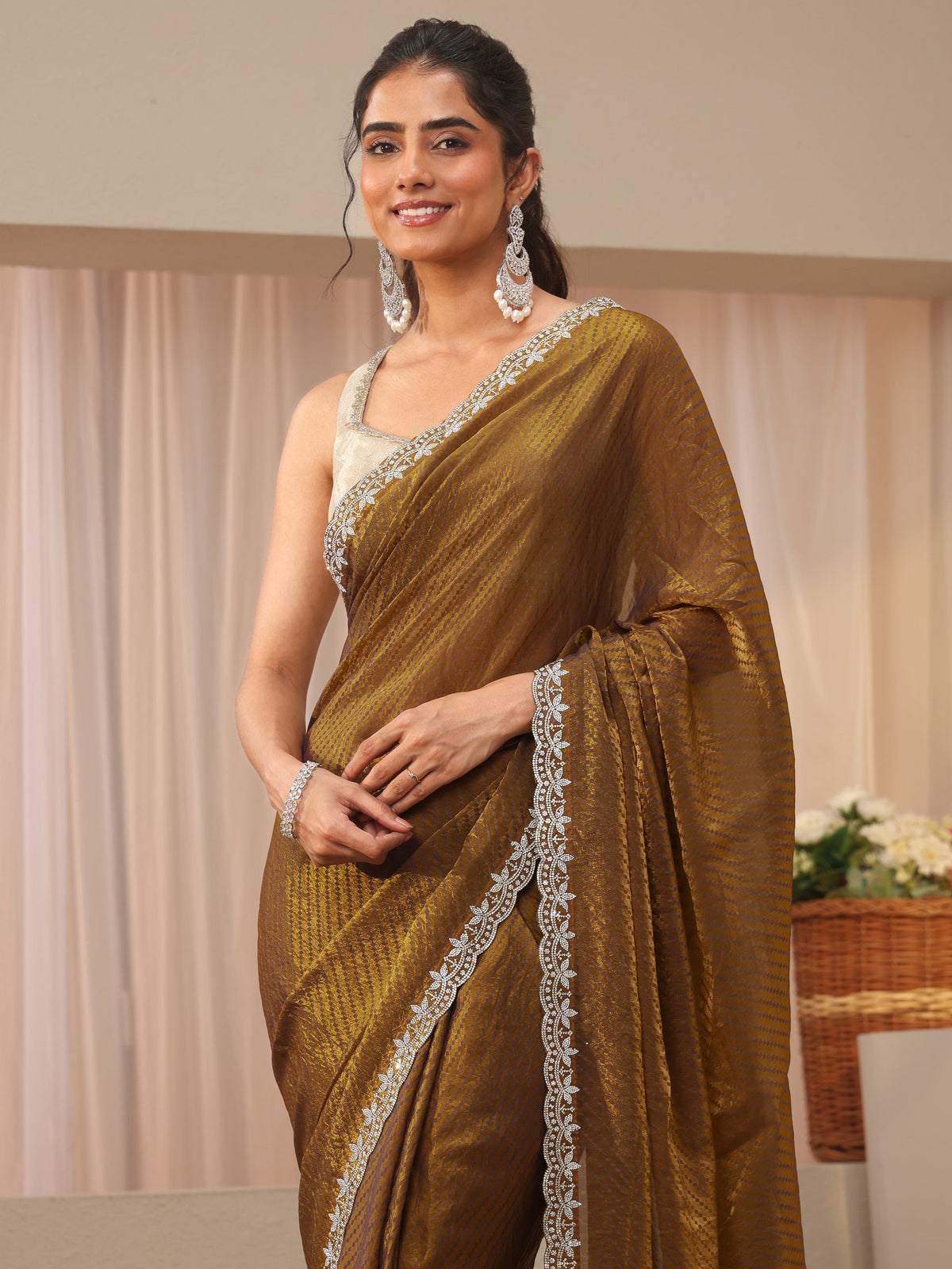 Libas Green Leheriya Printed Tissue Saree