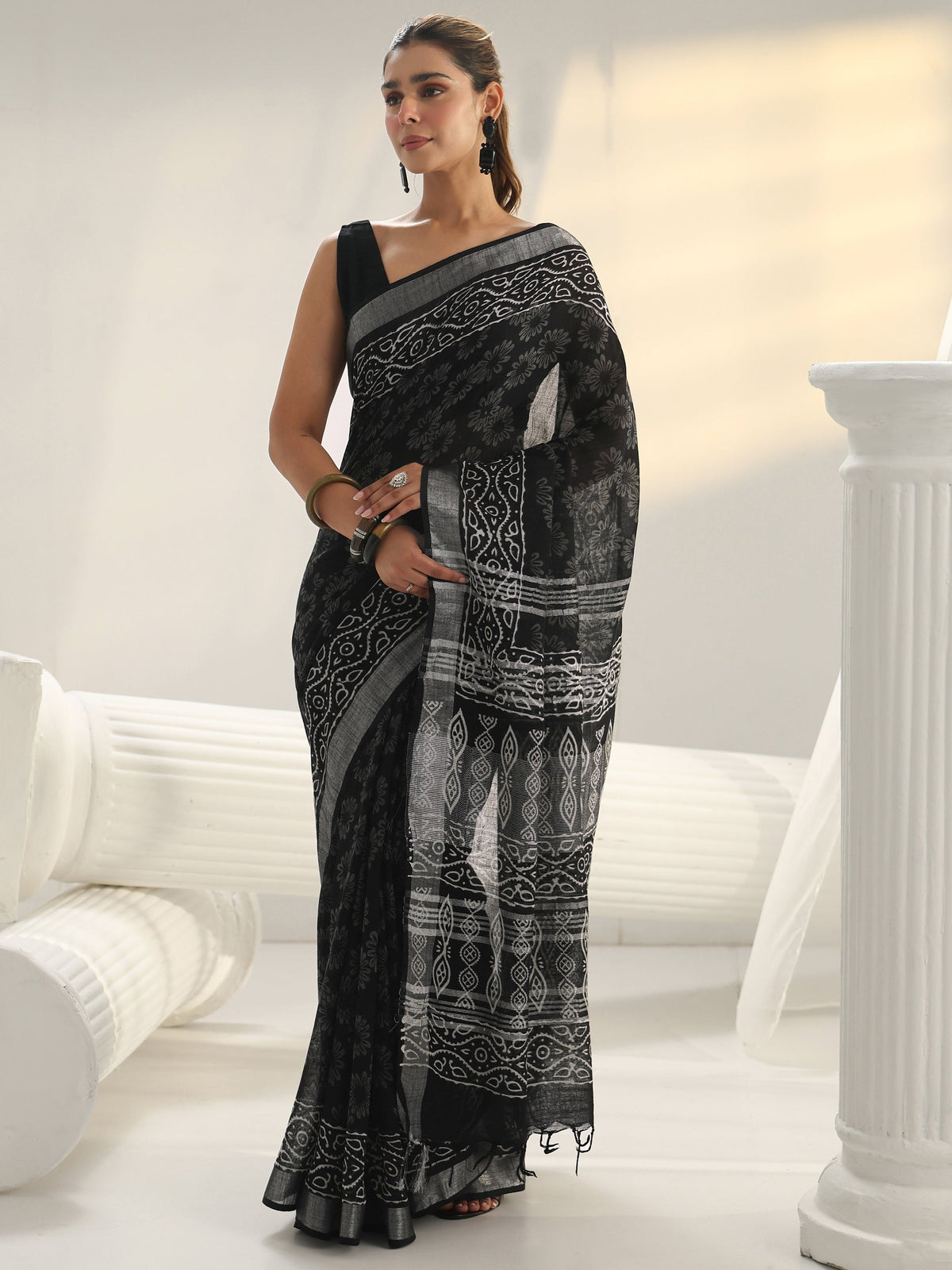 Libas Black Bagru Print Cotton Saree