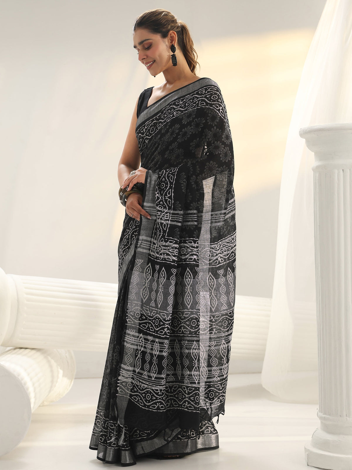 Libas Black Bagru Print Cotton Saree