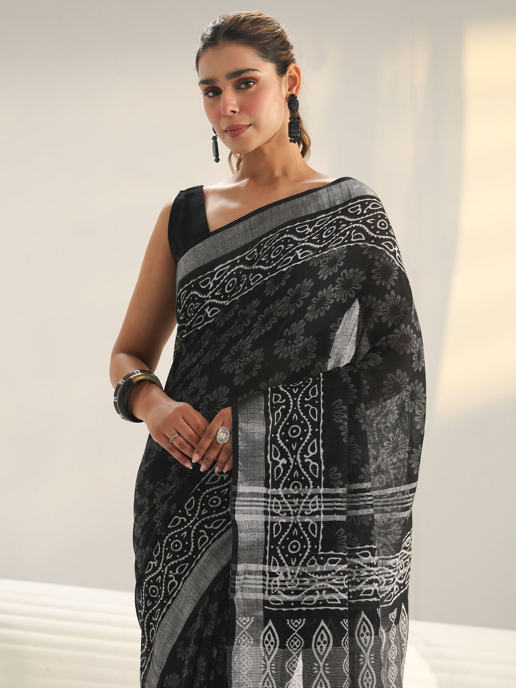 Libas Black Bagru Print Cotton Saree
