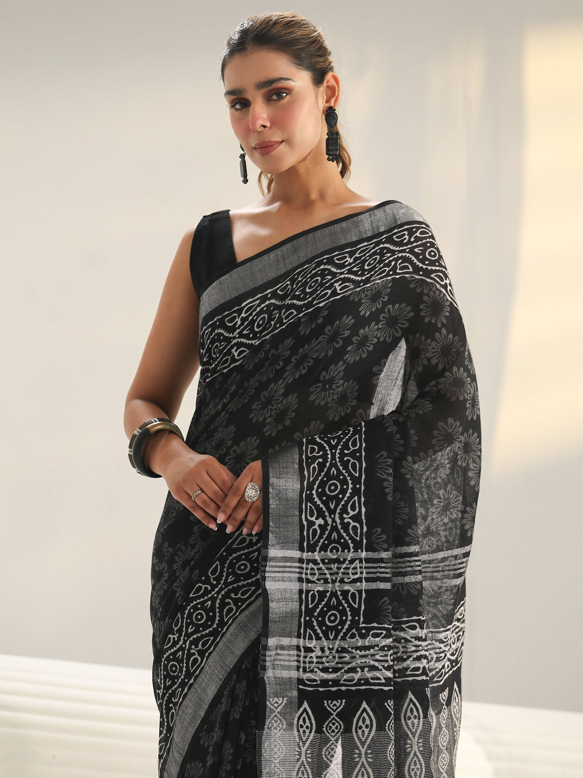 Libas Black Bagru Print Cotton Saree