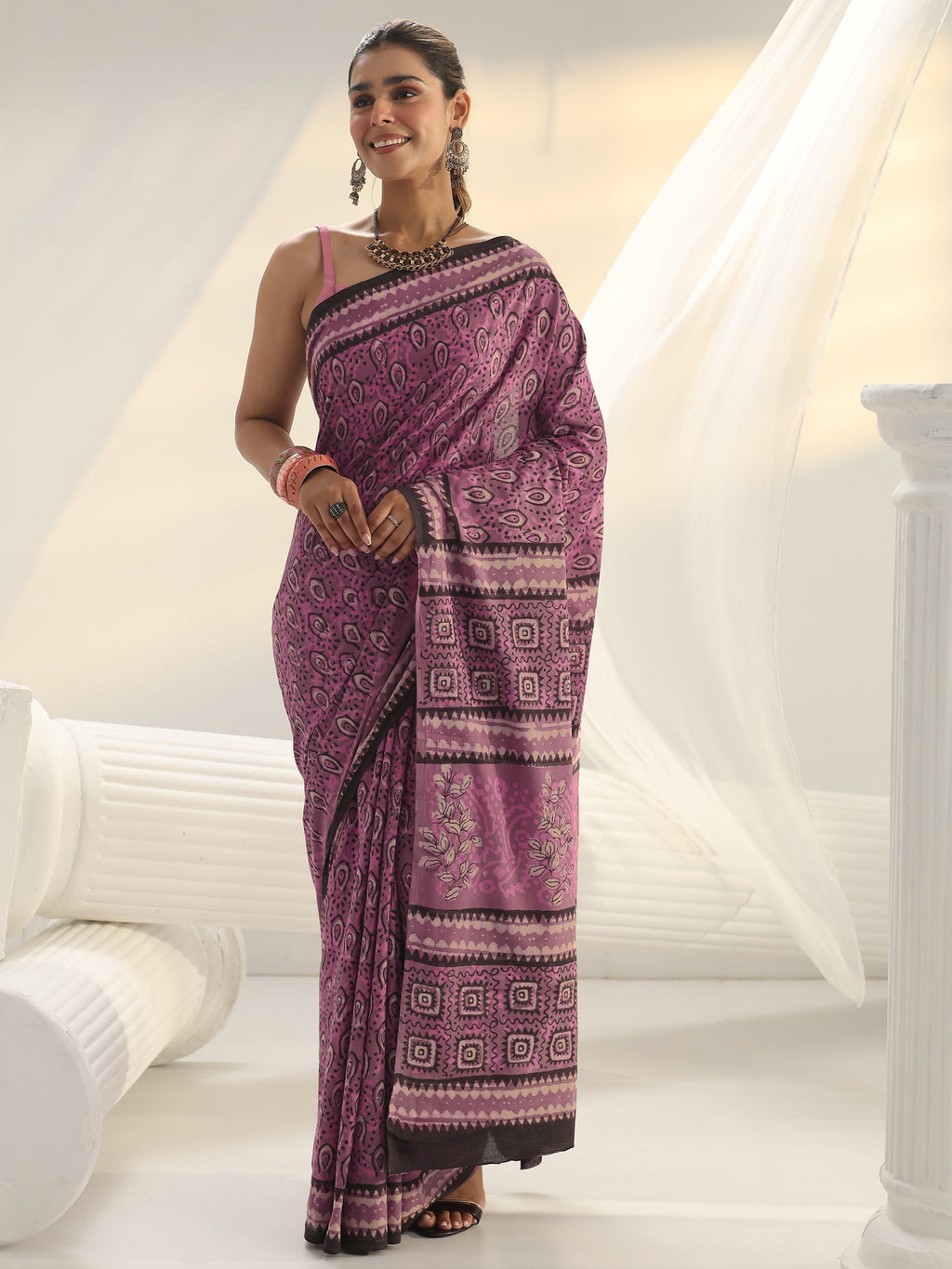 Libas Pink Dabu Print Cotton Saree