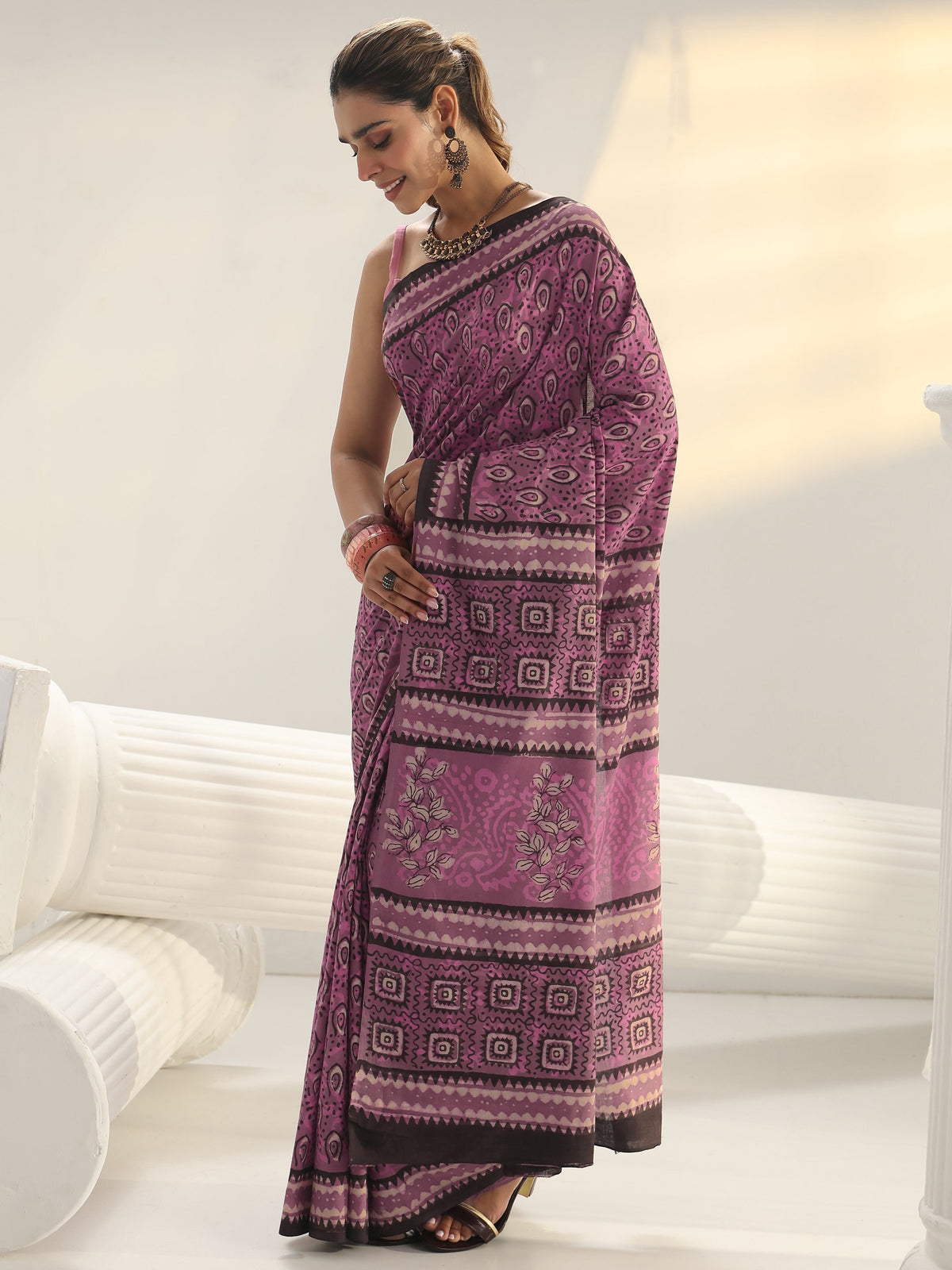 Libas Pink Dabu Print Cotton Saree
