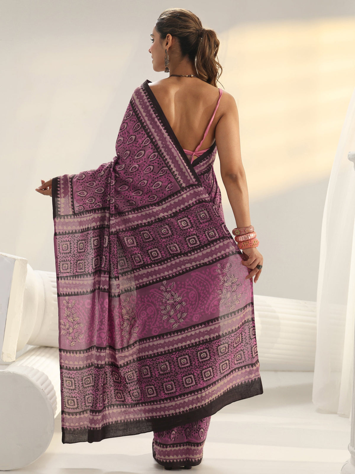 Libas Pink Dabu Print Cotton Saree