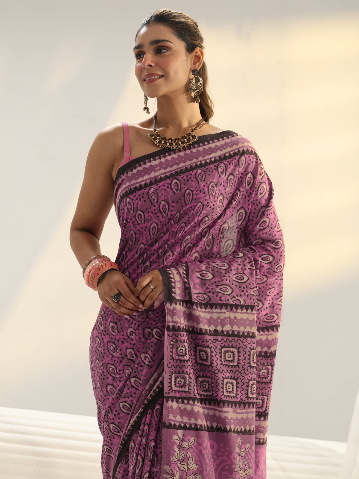 Libas Pink Dabu Print Cotton Saree