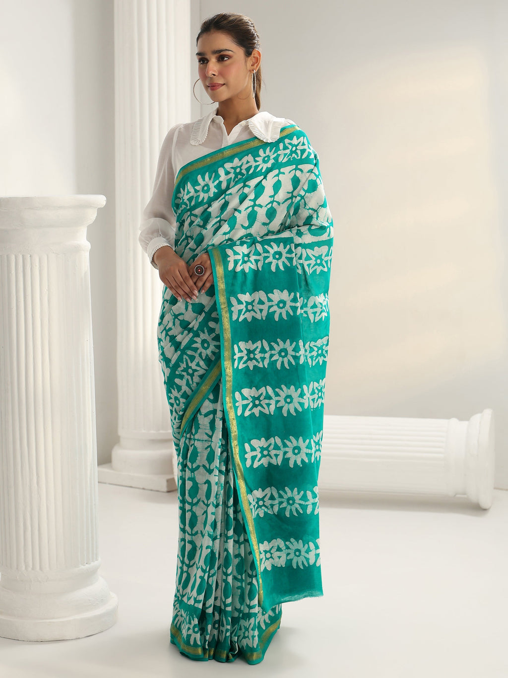 Libas Green Batik Print Cotton Saree