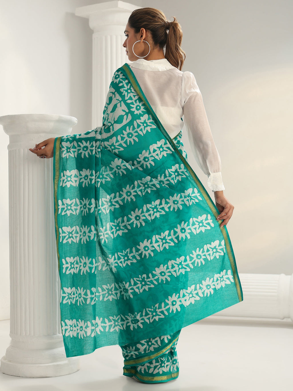 Libas Green Batik Print Cotton Saree