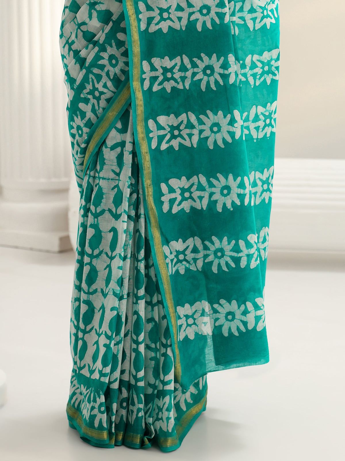 Libas Green Batik Print Cotton Saree