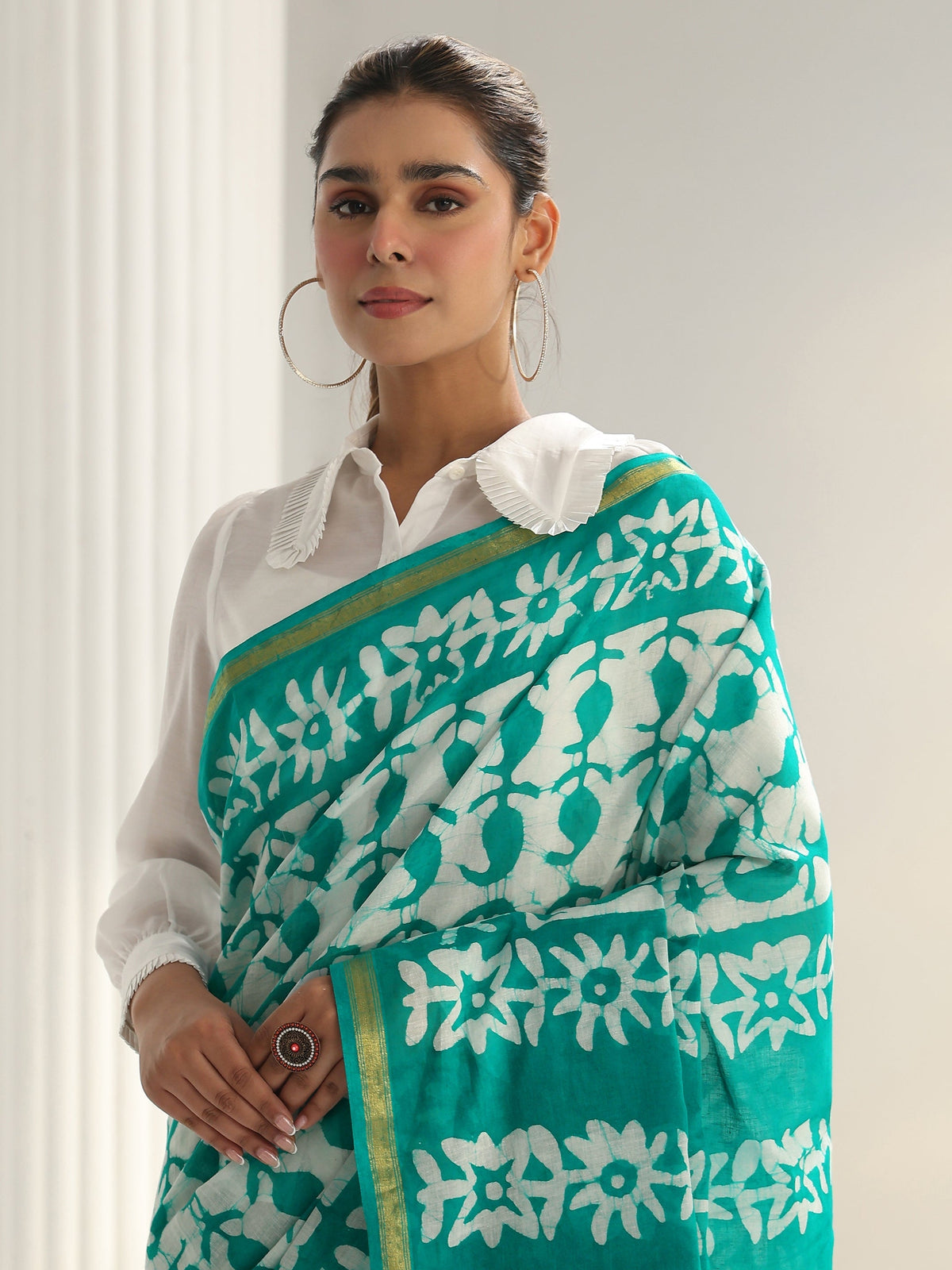Libas Green Batik Print Cotton Saree