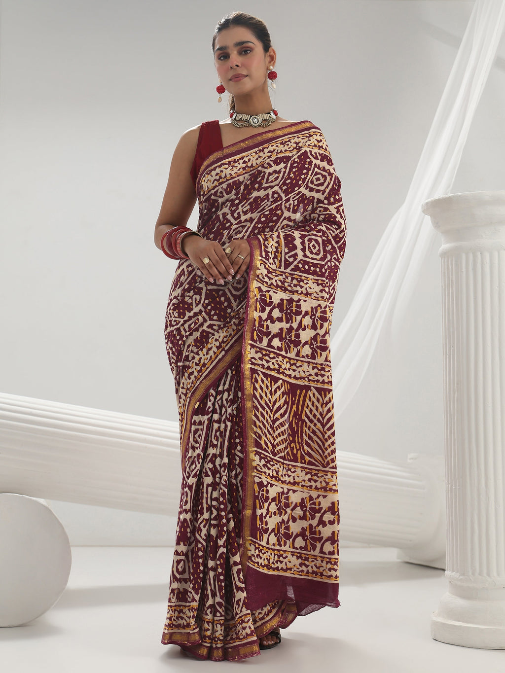 Libas Maroon Ethnic Printed Cotton Saree