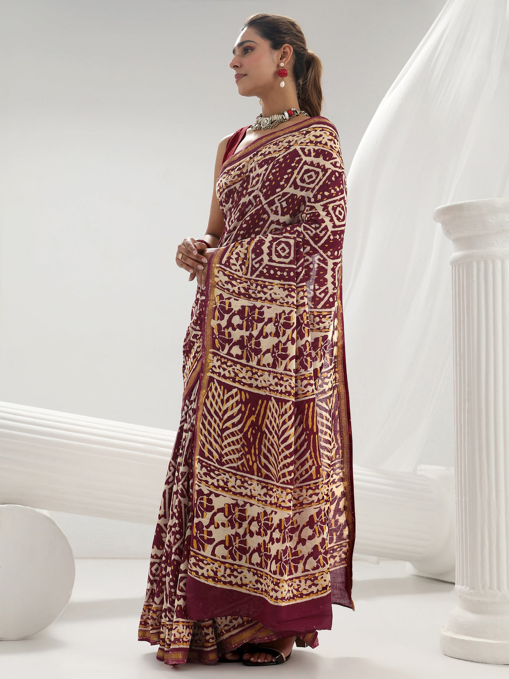 Libas Maroon Ethnic Printed Cotton Saree