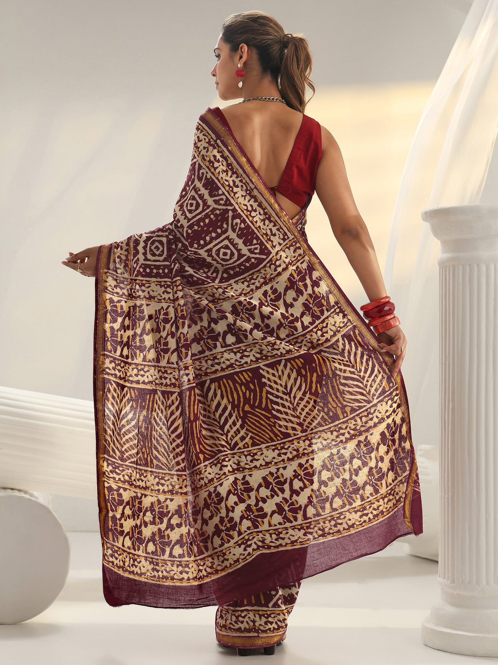 Libas Maroon Ethnic Printed Cotton Saree