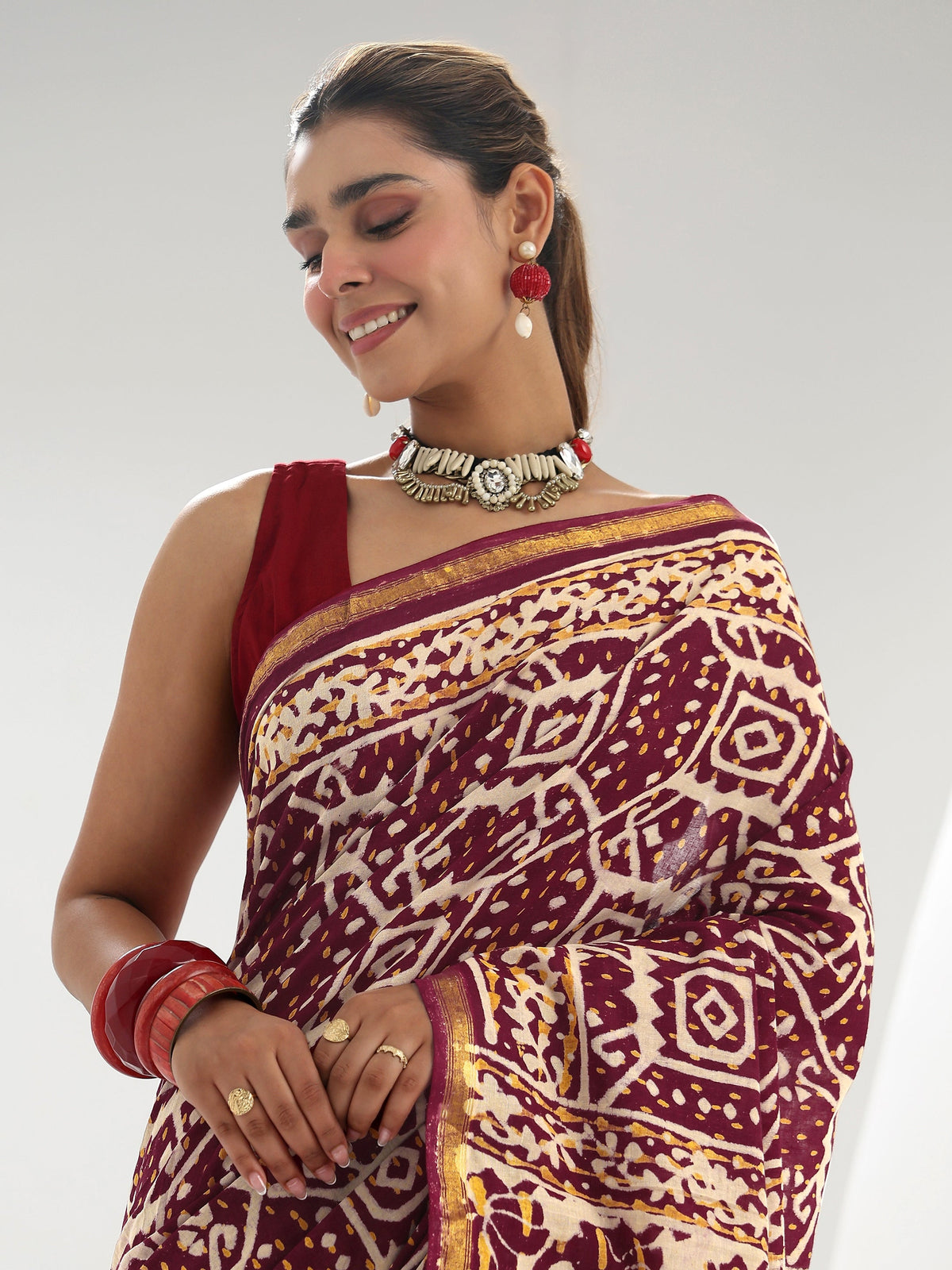 Libas Maroon Ethnic Printed Cotton Saree