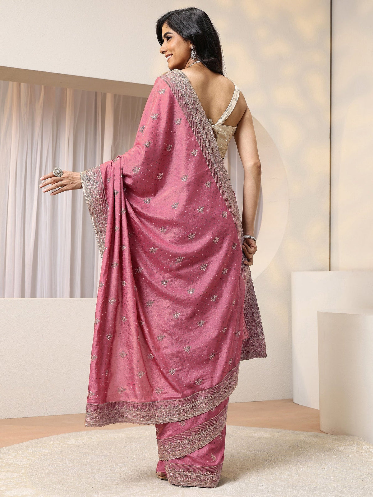 Libas Dusty Pink Satin Saree With Embellished Border S45