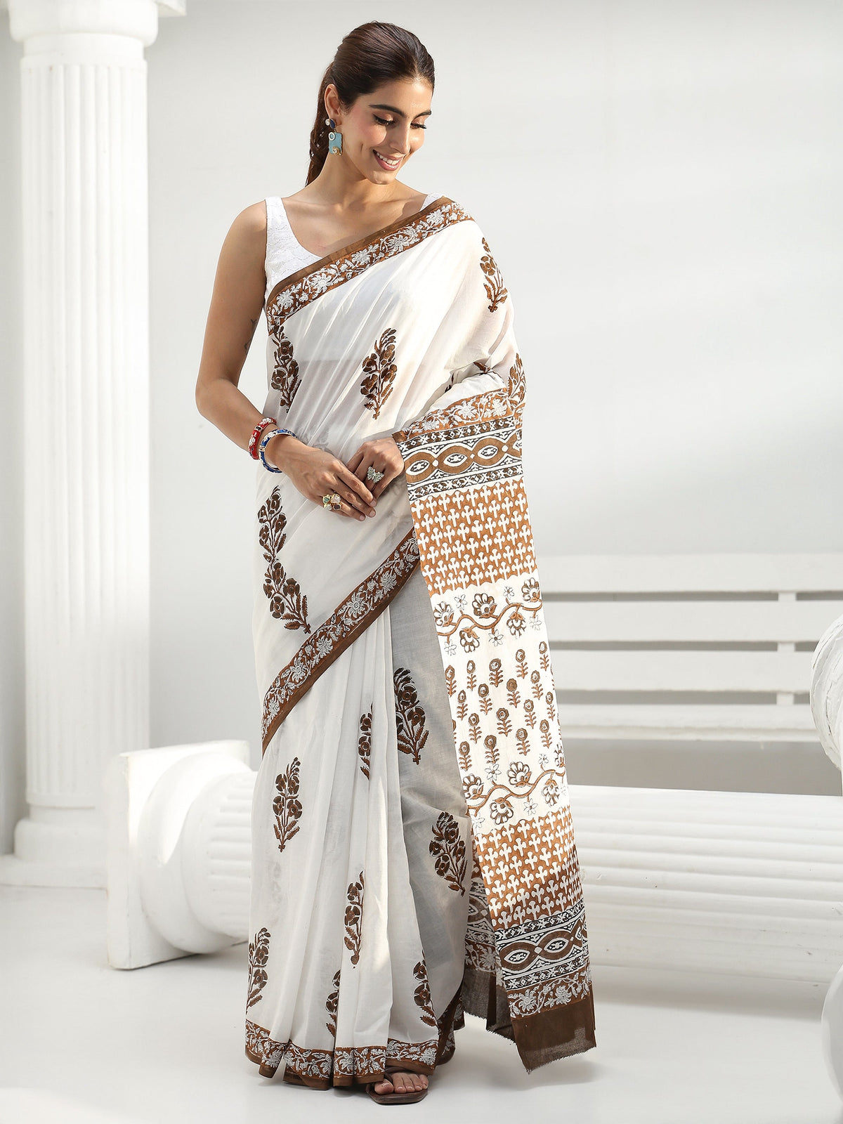 Libas White Floral Sanganeri Print Cotton Saree