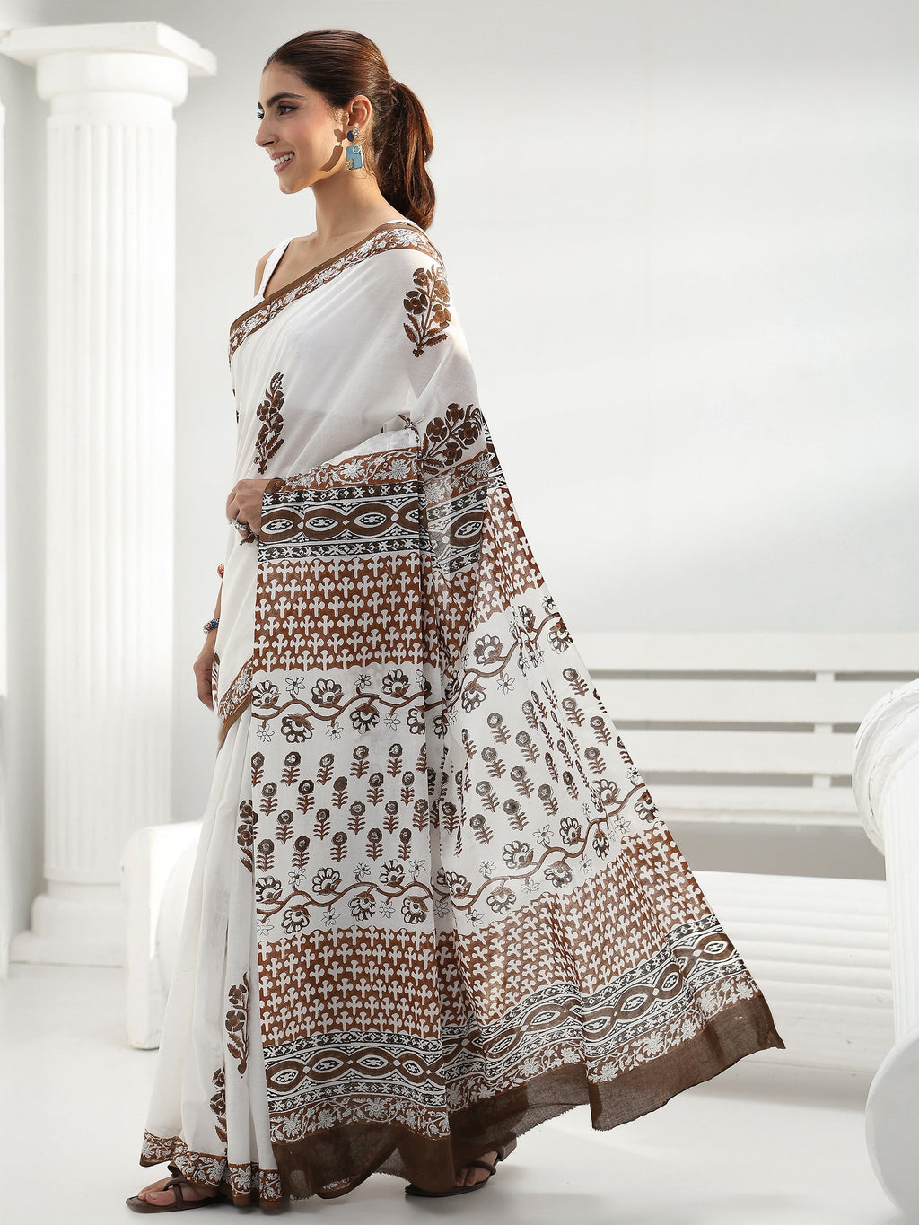 Libas White Floral Sanganeri Print Cotton Saree