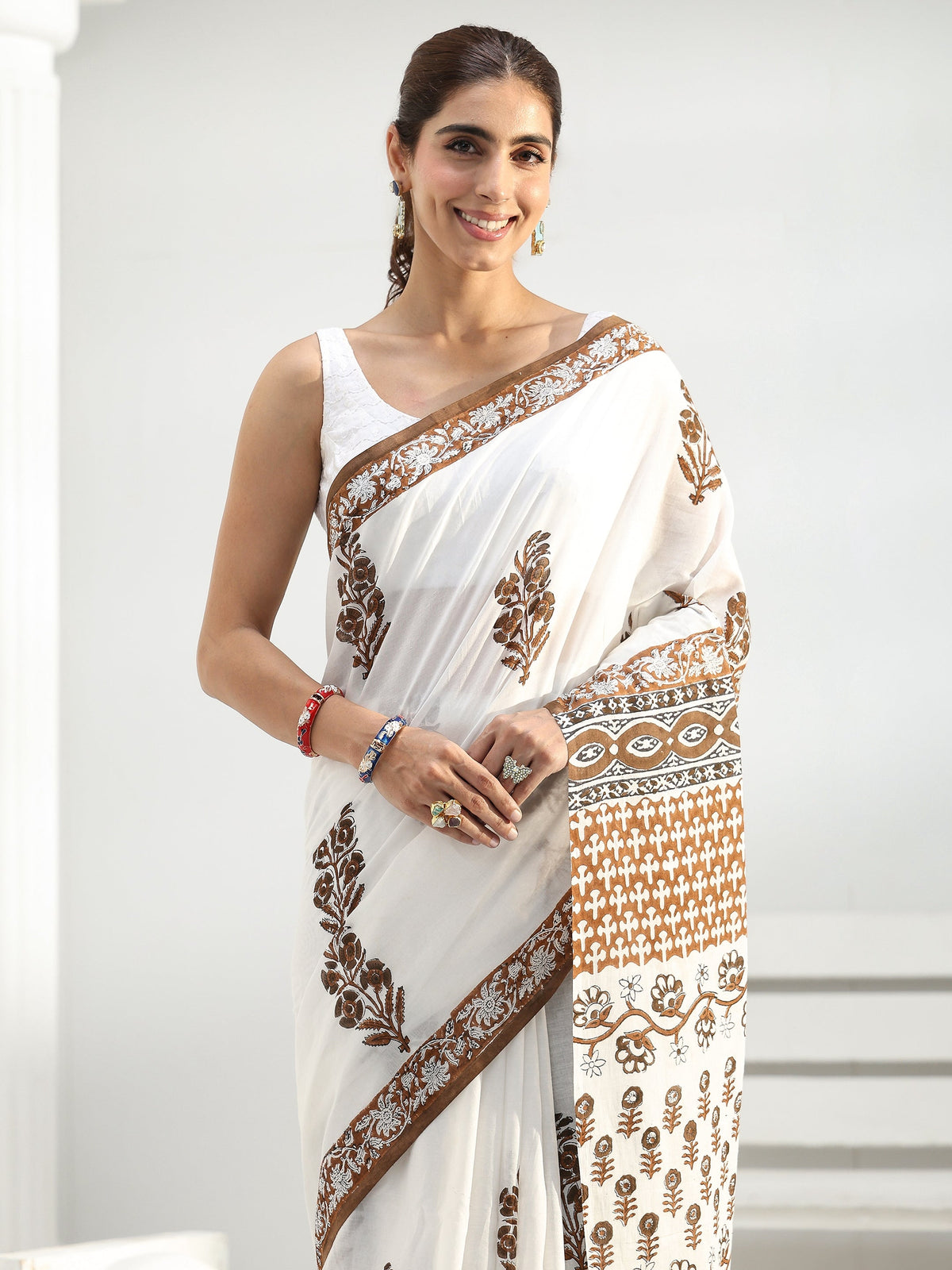 Libas White Floral Sanganeri Print Cotton Saree