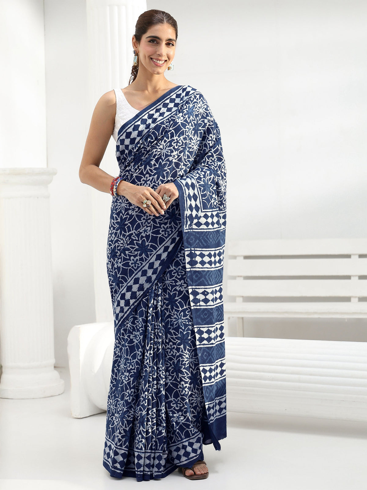Libas Indigo Floral Dabu Print Cotton Saree