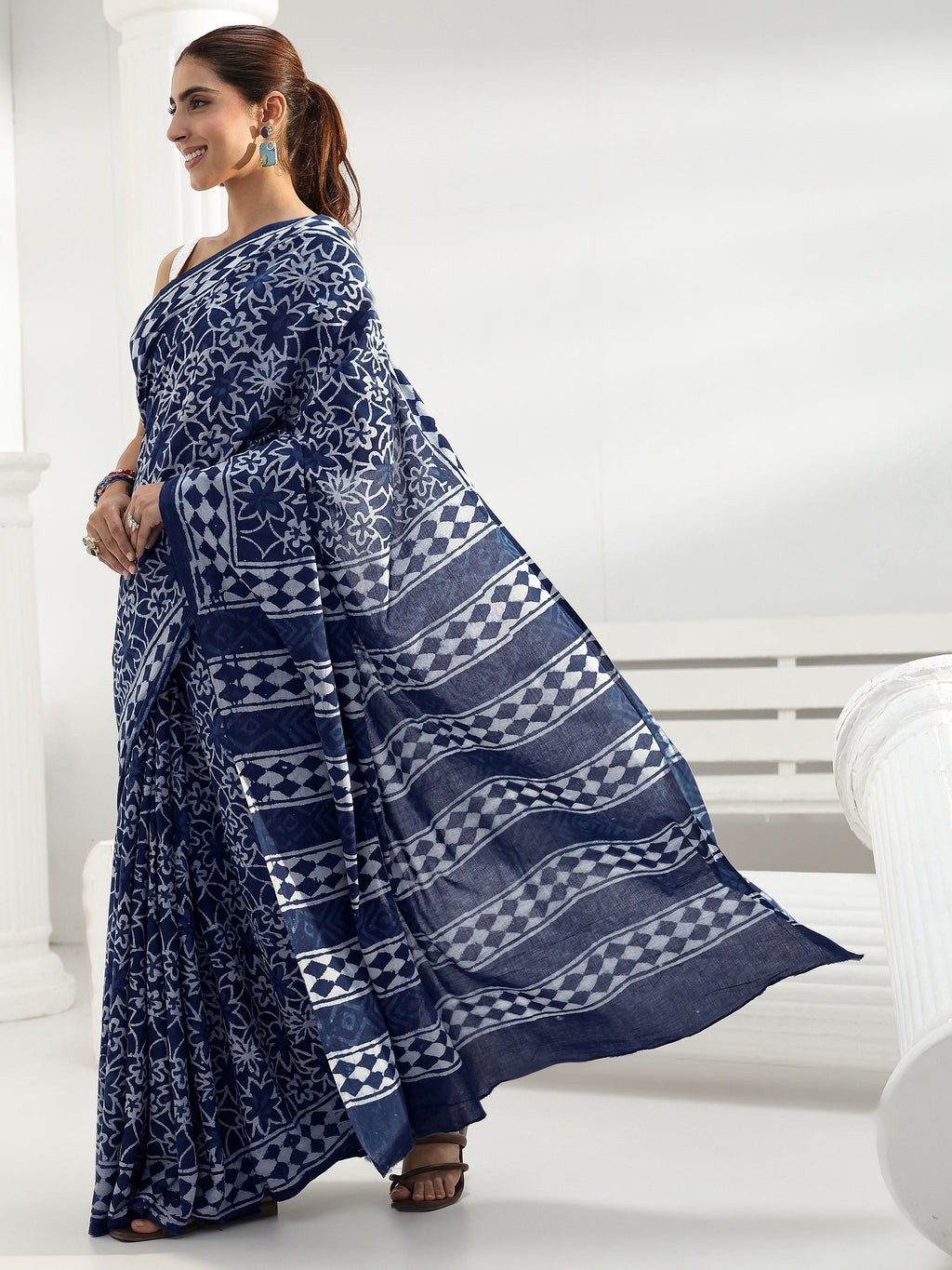 Libas Indigo Floral Dabu Print Cotton Saree