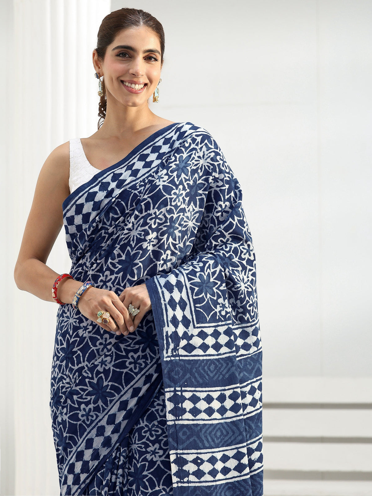 Libas Indigo Floral Dabu Print Cotton Saree