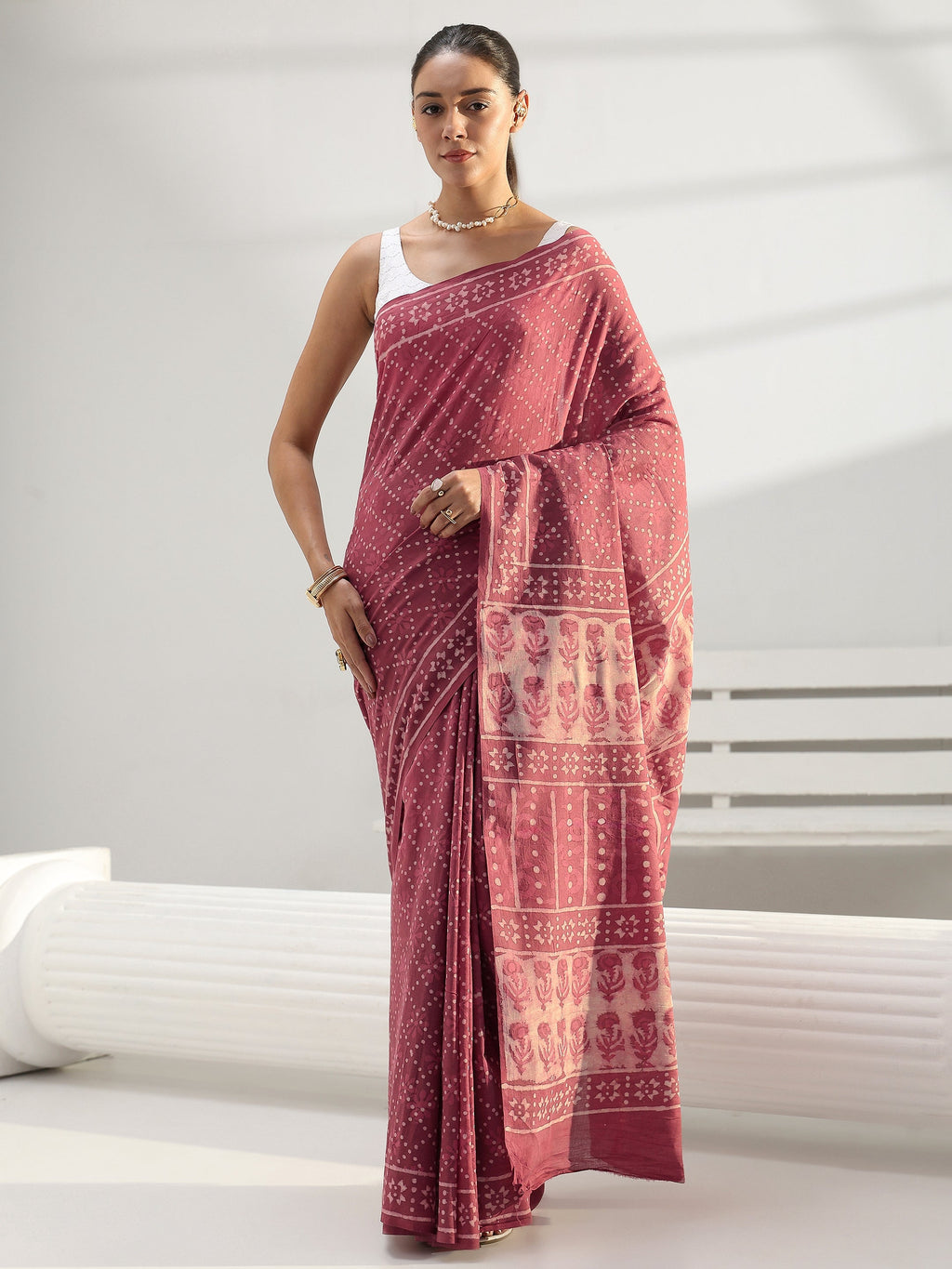 Libas Earthy Pink Bagru Print Cotton Saree