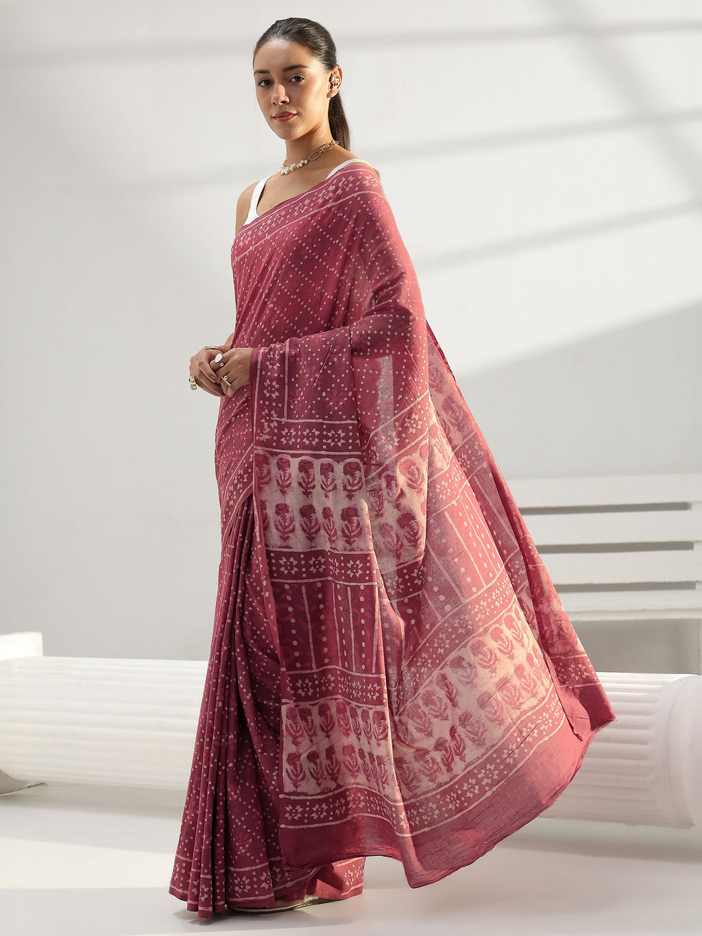Libas Earthy Pink Bagru Print Cotton Saree