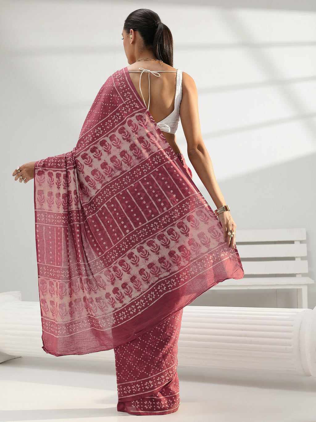 Libas Earthy Pink Bagru Print Cotton Saree