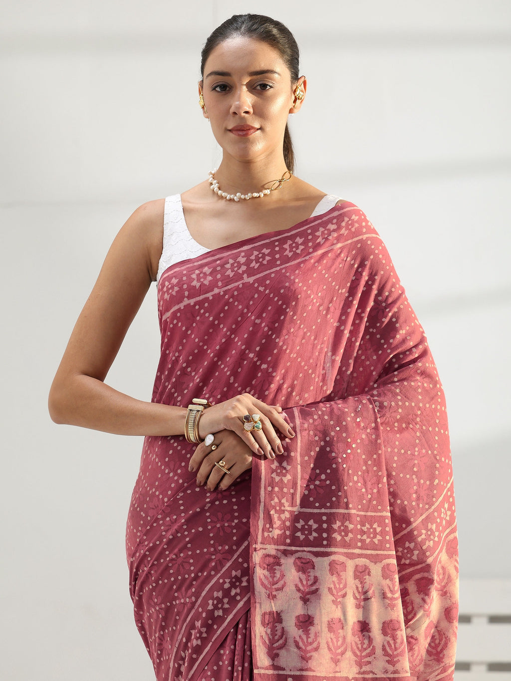 Libas Earthy Pink Bagru Print Cotton Saree