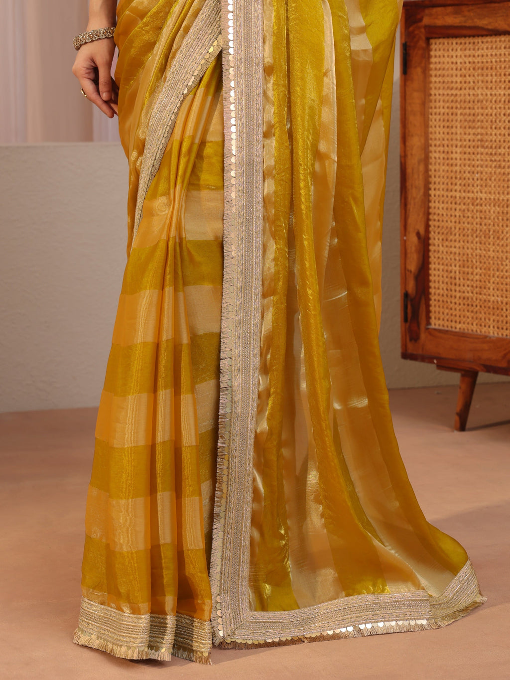 Libas Mustard Striped Textured Tissue Saree