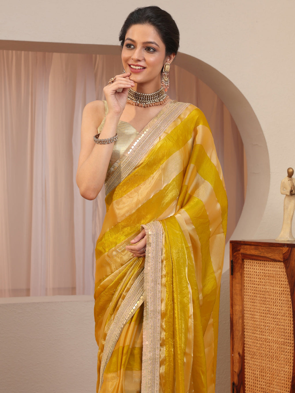 Libas Mustard Striped Textured Tissue Saree