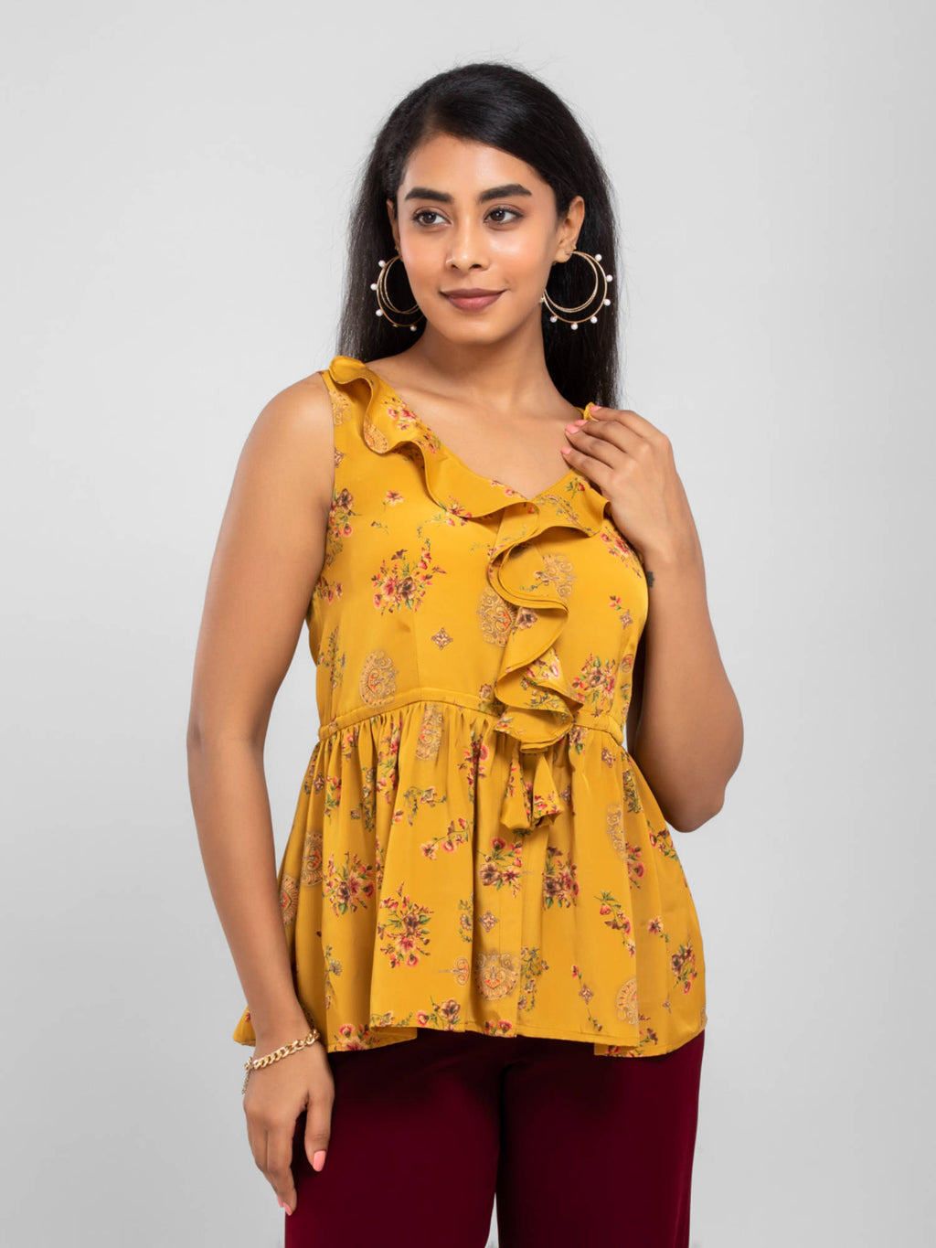 Mustard Peplum Floral Print Top | pt51 - view 1
