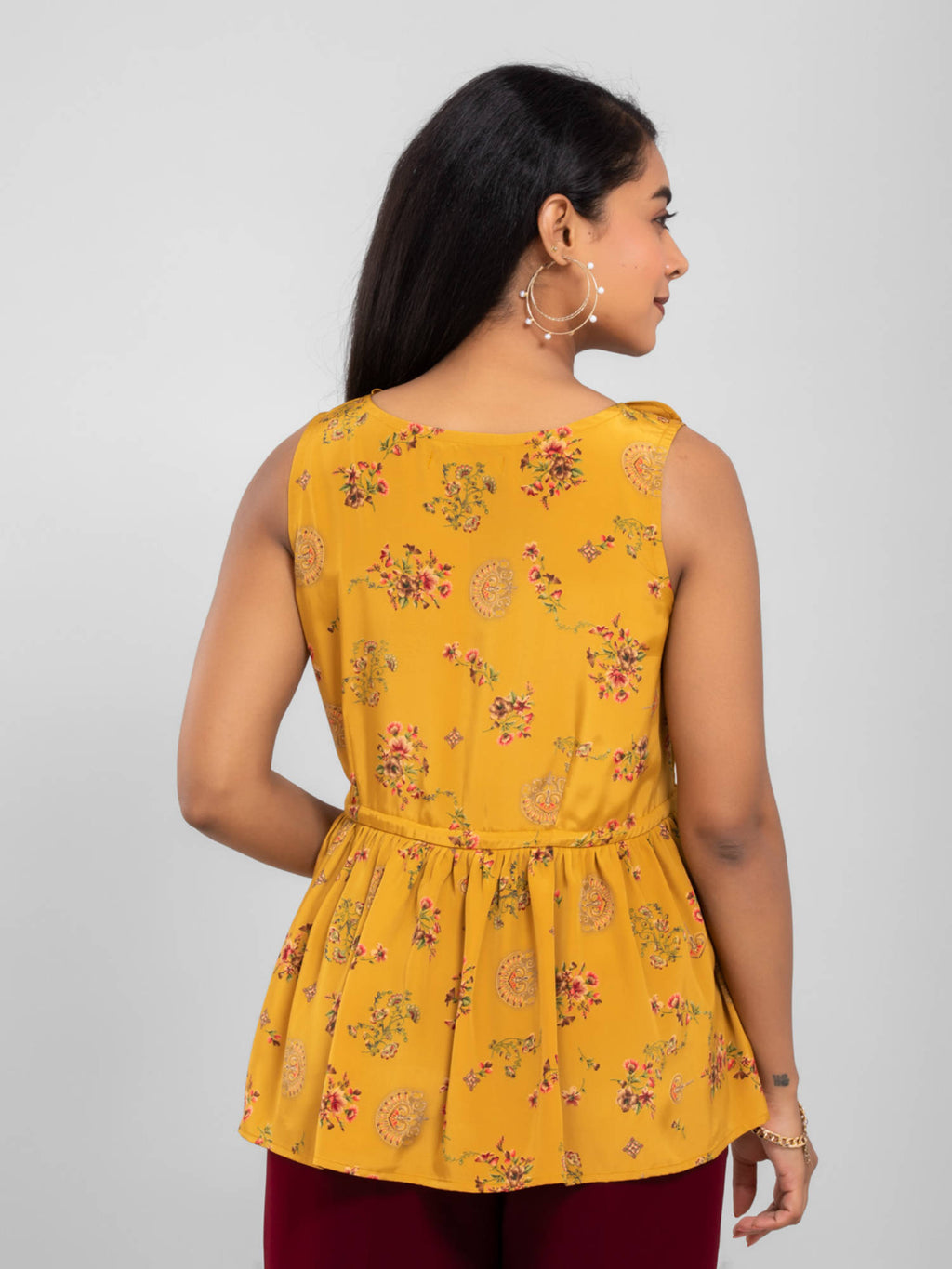 Mustard Peplum Floral Print Top | pt51 - view 2