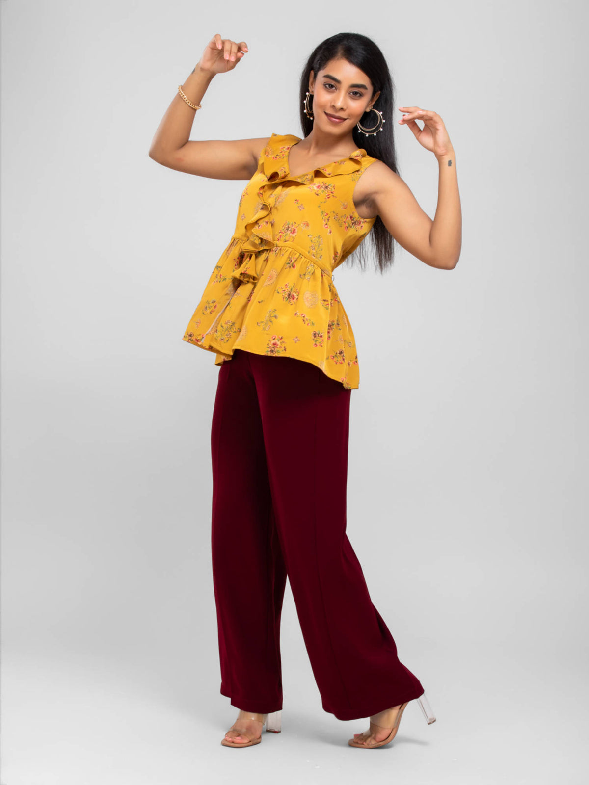 Mustard Peplum Floral Print Top | pt51 - view 4