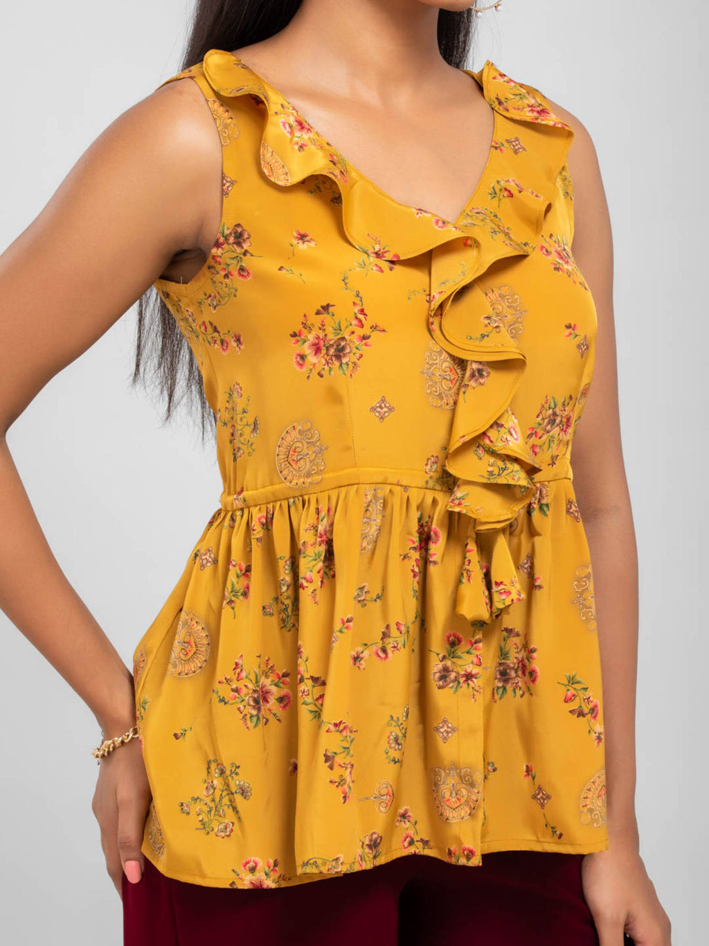 Mustard Peplum Floral Print Top | pt51 - view 5
