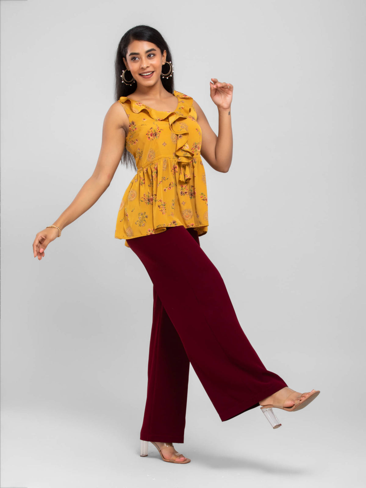 Mustard Peplum Floral Print Top | pt51 - view 6