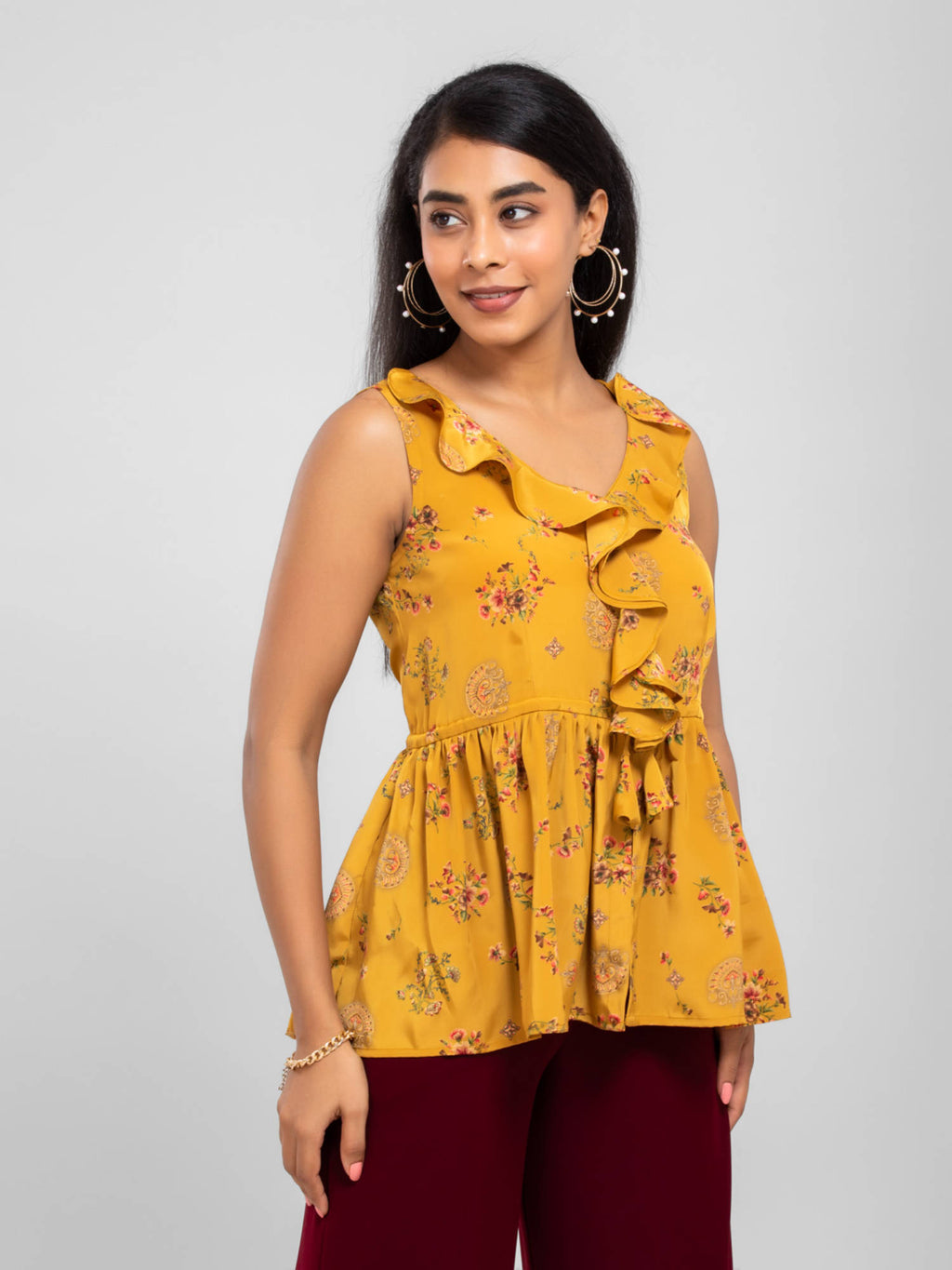 Mustard Peplum Floral Print Top | pt51 - view 7