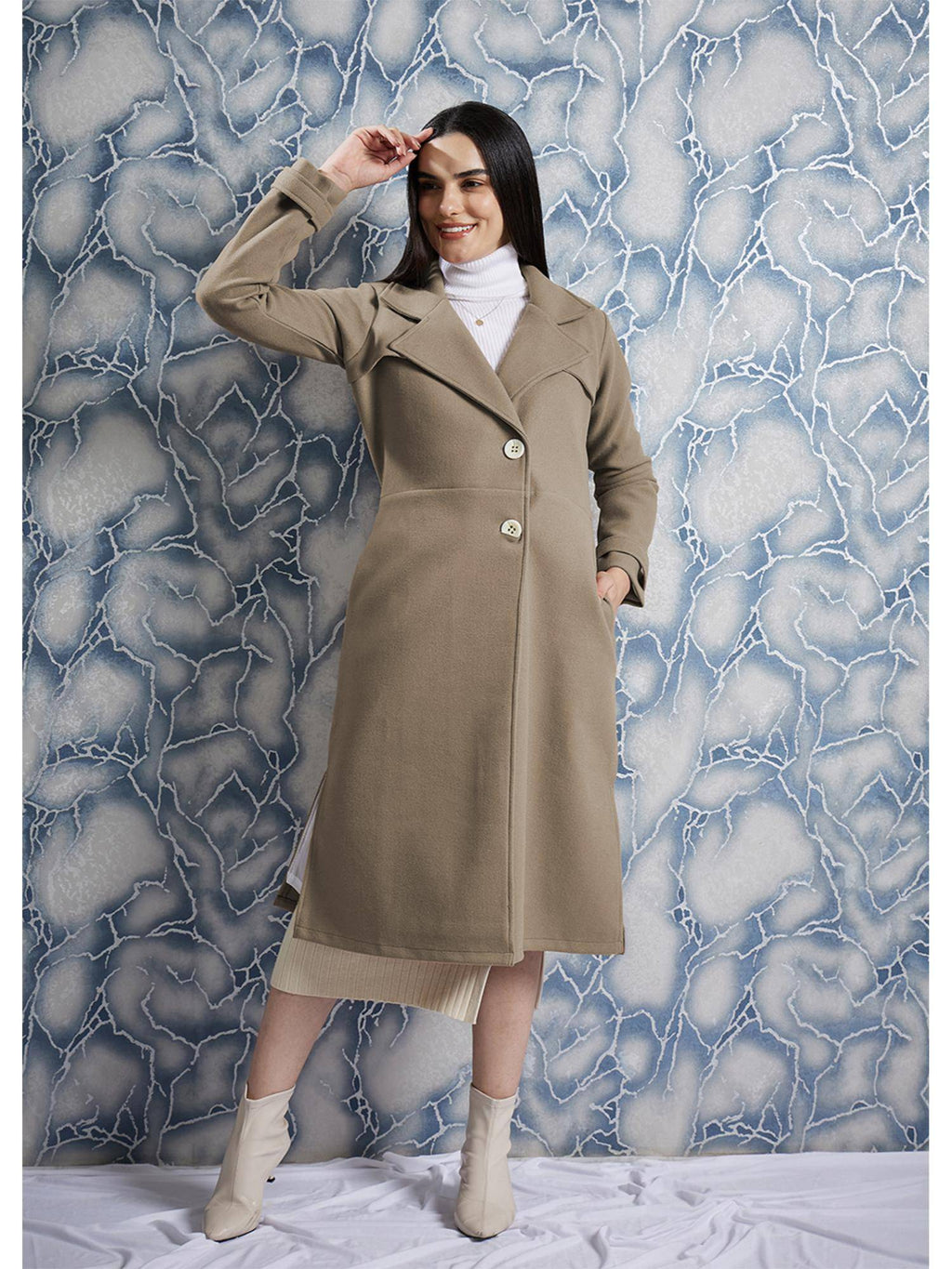Brown Solid Long Sleeves Notched Lapel Longline Winter Coat | JC78 - view 2