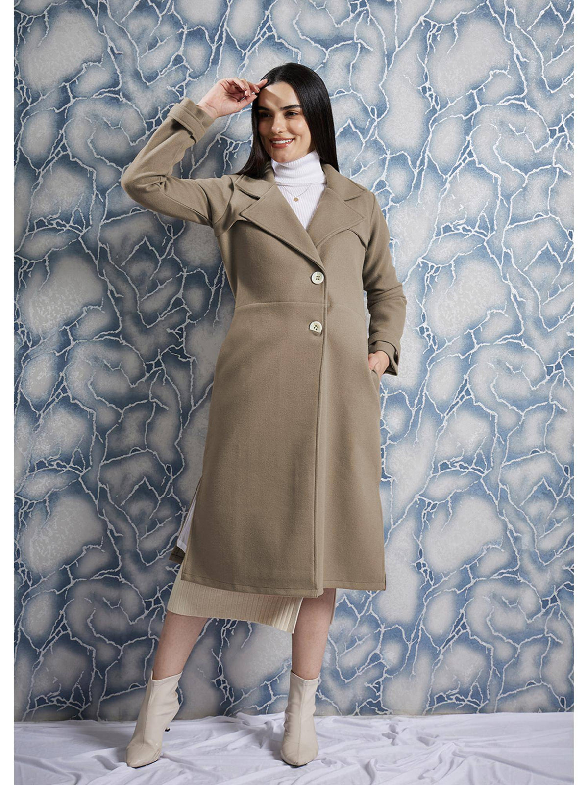 Brown Solid Long Sleeves Notched Lapel Longline Winter Coat | JC78 - view 2