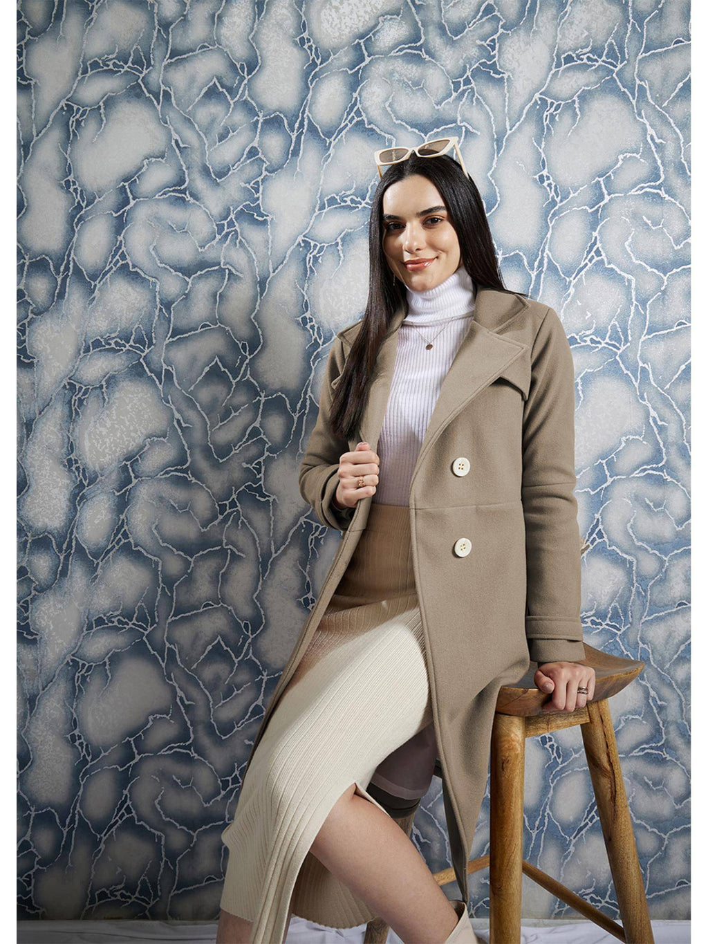 Brown Solid Long Sleeves Notched Lapel Longline Winter Coat | JC78 - view 3