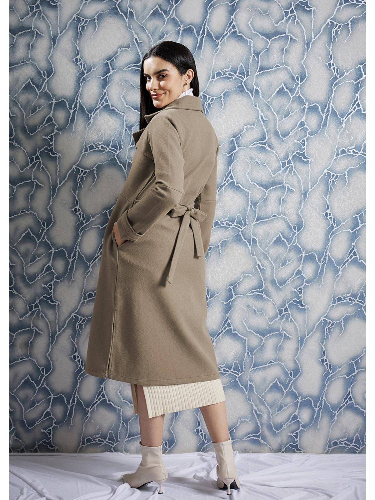 Brown Solid Long Sleeves Notched Lapel Longline Winter Coat | JC78 - view 4